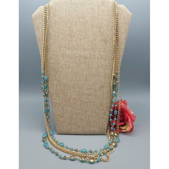 Premier Designs Gold Tone Multi Chain & Blue AB Wash Beaded Convertible Necklace - Picture 2 of 12